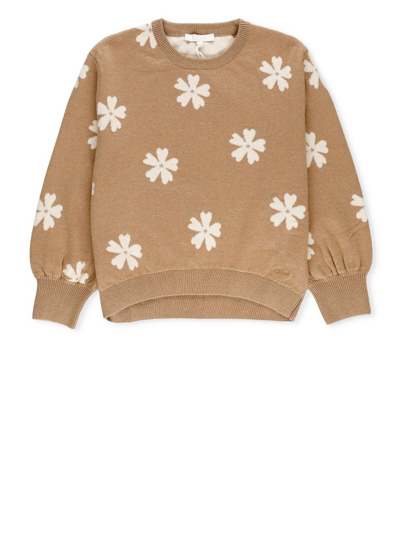 Chloé Kids' Floral Intarsia-knit Jumper In Brown