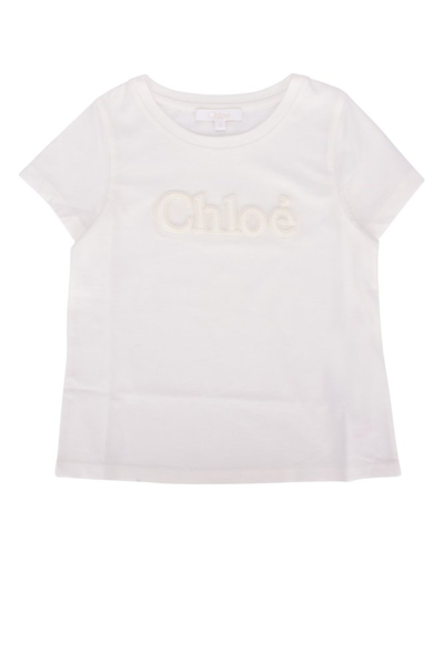Chloé Kids Logo Embroidered Crewneck T In White