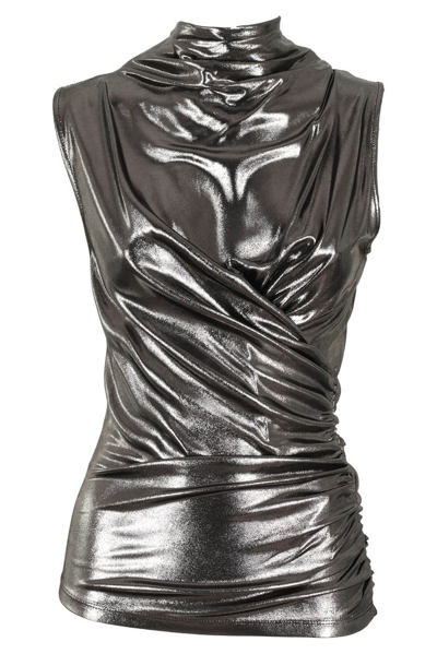 Blumarine Draped Metallic Sleeveless Top In Grey