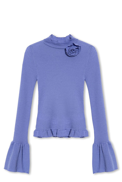 Blumarine Ruffle-trimmed Ribbed-knit Wool Jumper In Blue
