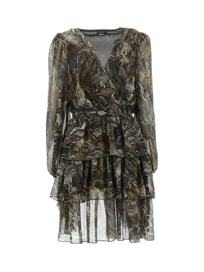 Just Cavalli Printed Ruffled Trim Tiered Mini Dress In Honey Mustard