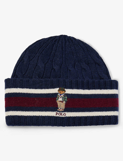 Polo Ralph Lauren Polo Bear Stripe-detail Beanie In Navy Multi