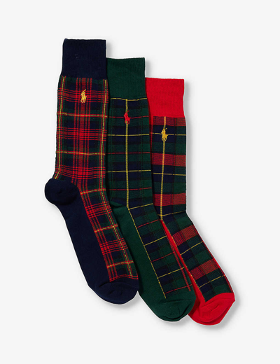 Polo Ralph Lauren Mens Gb Holiday Plaids Check-print Cotton-blend Knitted Socks Pack Of Three