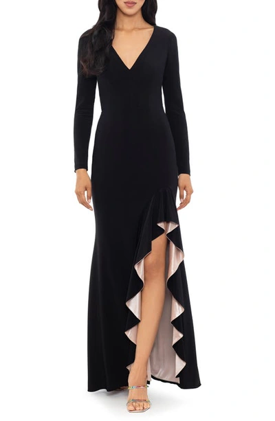 Xscape Plus Size V-neck Twist-front Side-ruffle Gown In Black,nude