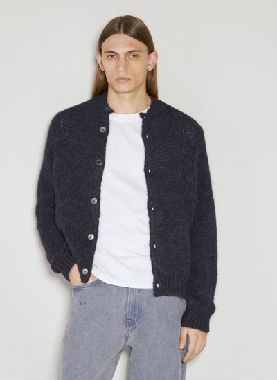 Our Legacy Textured-panel Knitted Round-neck Cardigan In Navy