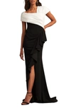 Tadashi Shoji Pleated Two-tone Ruffle Crepe Gown In Ivory/ Black
