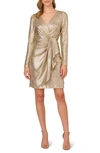 ADRIANNA PAPELL METALLIC FOIL LONG SLEEVE KNIT FAUX WRAP DRESS