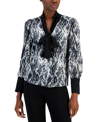ANNE KLEIN WOMEN'S CONTRAST-TRIMMED PRINTED SATIN BOW BLOUSE