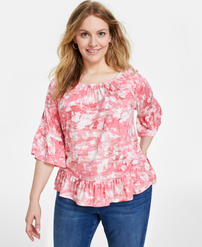 Style & Co Plus Size Printed On/off-the-shoulder Knit Top, Created For Macy's In Sunset Pink Icing