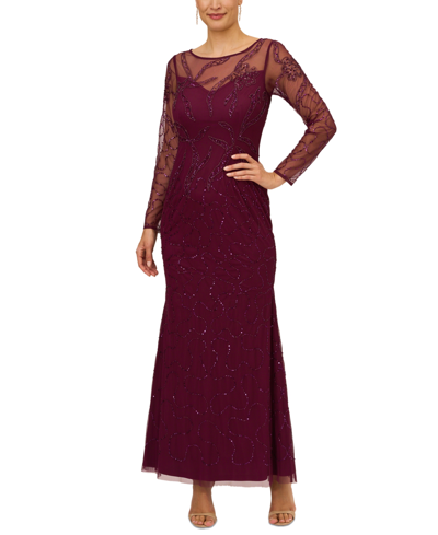 Adrianna Papell Women's Beaded Long-sleeve Gown In Cassis