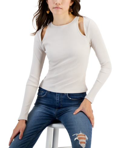 Almost Famous Crave Fame Juniors' Long-sleeve Ribbed Cutout Top In Stone