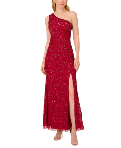 Adrianna Papell Women's Sequined One-shoulder Gown In Cranberry