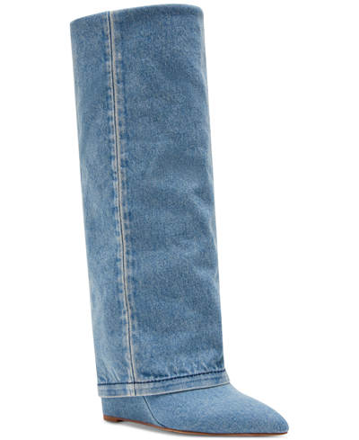 Madden Girl Evander Wide-calf Fold-over Cuffed Knee High Wedge Dress Boots In Light Denim