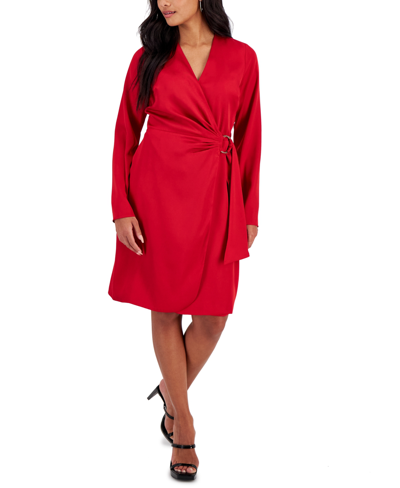 Inc International Concepts Petite Long-sleeve Wrap Dress, Created For Macy's In Red Zenith