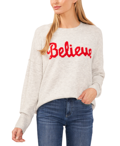 Cece Women's Believe Script Long-sleeve Cozy Sweater In Silver Heather
