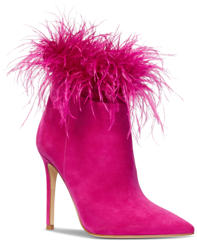 Michael Kors Whitby Feather Trim Suede Ankle Boot In Deep Fuchsia
