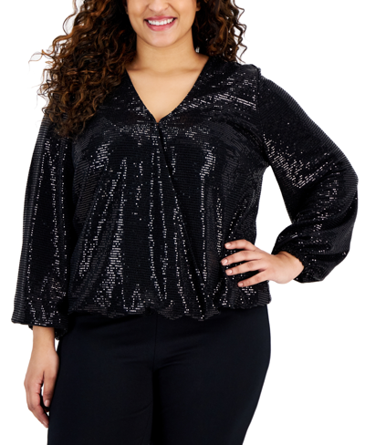 Inc International Concepts Sequined Shimmering Surplice Blouse, Created For Macy's In Deep Black