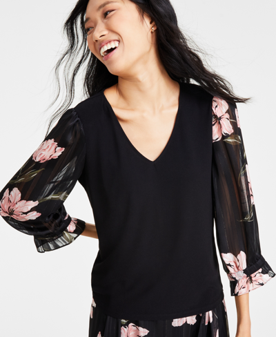 Cece Women's V-neck Mixed-media Floral-sleeve Knit Top In Rich Black