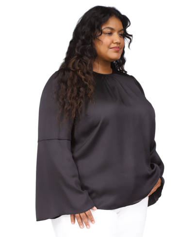 Michael Kors Michael  Plus Size Hammered-satin Bell-sleeve Top In Black