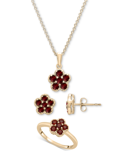 Macy's 3-pc. Set Garnet Flower Pendant Necklace, Matching Ring & Stud Earrings (1-1/2 Ct. T.w.) In 14k Gold