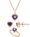 Macy's 3-pc. Set Amethyst Heart Pendant Necklace, Stud Earrings, & Matching Ring (2-1/5 Ct. T.w.) In 14k Go In Amethyst