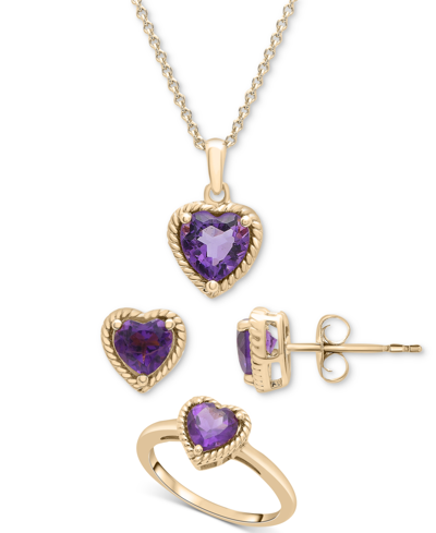 Macy's 3-pc. Set Amethyst Heart Pendant Necklace, Stud Earrings, & Matching Ring (2-1/5 Ct. T.w.) In 14k Go