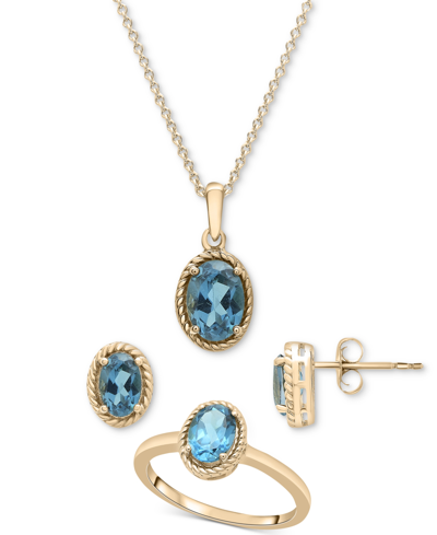 Macy's 3-pc. Set London Blue Topaz Pendant Necklace, Stud Earrings, & Matching Ring (3-1/8 Ct. T.w.) In 14k