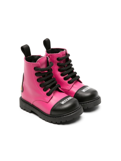 Moschino Kids' Teddy-patch Leather Combat Boots In Pink