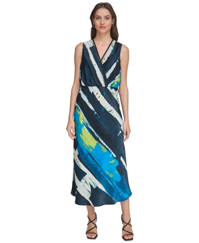 Dkny Womens Embellished Faux Wrap Midi Dress In Limonata,black Multi