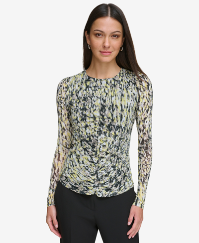 Dkny Petite Ruched Printed Mesh Top In Limonata Multi