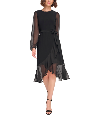 Tommy Hilfiger Women's V-neck How-low Hem Chiffon-trim Dress In Black