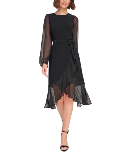 Tommy Hilfiger Womens Chiffon Sleeve Midi Cocktail And Party Dress In Black