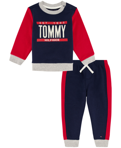 Tommy Hilfiger Baby Boys Colorblock Logo Crewneck Sweatsuit, 2 Piece Set In Navy