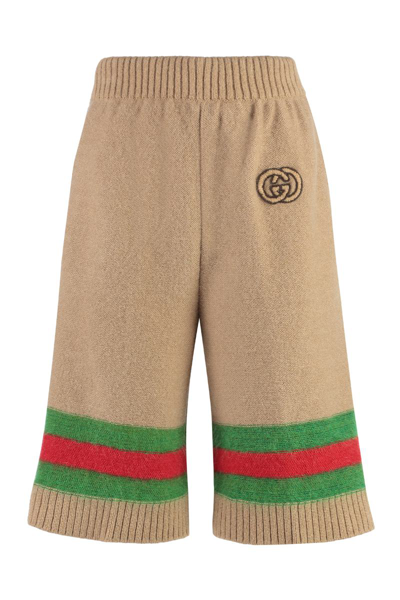 Gucci Web Detail Wool Shorts In Brown