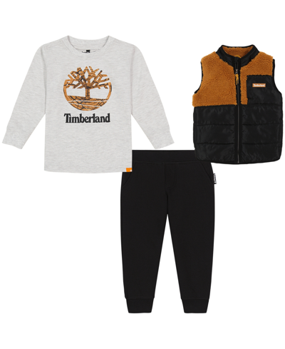 Timberland Kids' Toddler Boys Berber-taslan Vest, Logo Heather T-shirt And Fleece Joggers, 3 Piece Set In Black