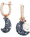 SWAROVSKI ROSE GOLD-TONE PAVE CRESCENT MOON & IMITATION PEARL MISMATCH CHARM HOOP EARRINGS