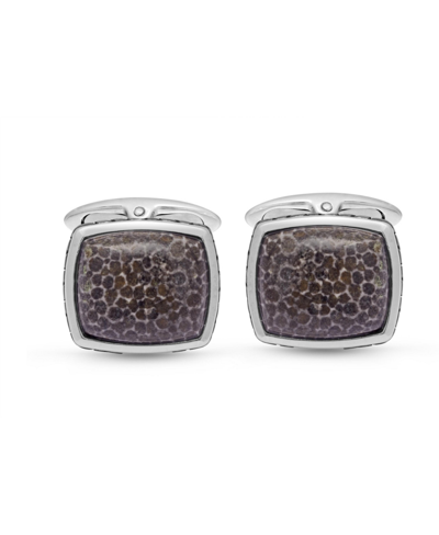 Luvmyjewelry Fossil Agate Stone Cufflinks In Black Rhodium Plated Sterling Silver In Grey