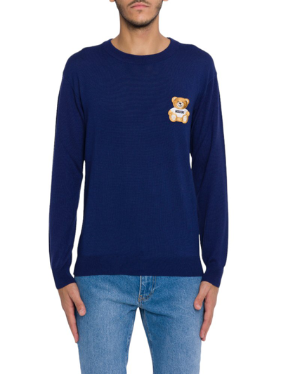 Moschino Teddy Bear Patch Crewneck Knitted Jumper In Blue