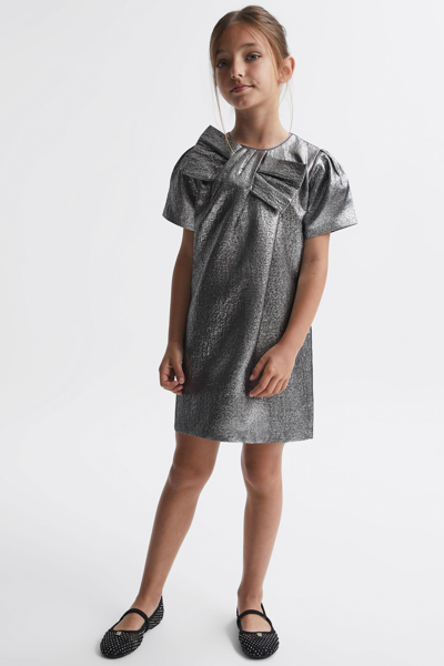 Reiss Kids' Franny - Silver Junior Metallic Bow Dress, Age 8-9 Years