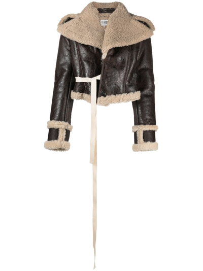 Mm6 Maison Margiela Lamb Leather Cropped Jacket In Brown