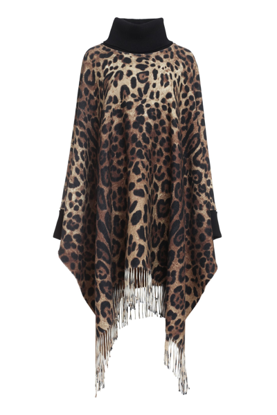 Dolce & Gabbana Animal Patterned Wool Blend Cloak With Cuffs In Brown