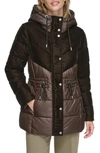 Andrew Marc Velvet Panel Hooded Puffer Jacket In Chocolate