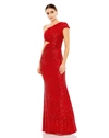 Ieena For Mac Duggal Sequined One Shoulder Cap Sleeve Cut Out Gown In Red