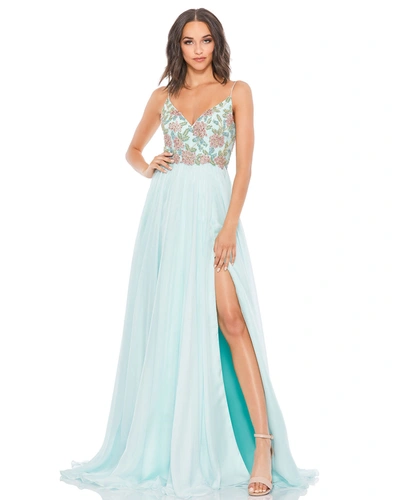 Mac Duggal Jewel Encrusted Thigh High Slit Gown In Blue