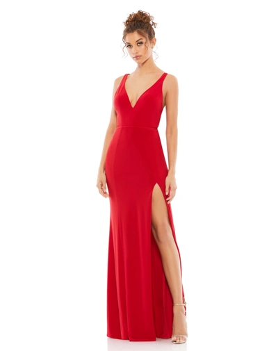 Ieena For Mac Duggal Plunge Neck High Slit Gown In Red