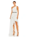 Mac Duggal Pleated One Shoulder Asymmetrical Ruffle Hem Gown In White