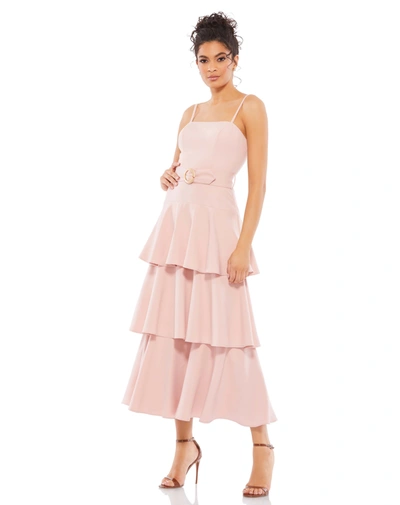 Ieena For Mac Duggal Tiered Ruffle Belted Sleeveless Midi Dress In Pink