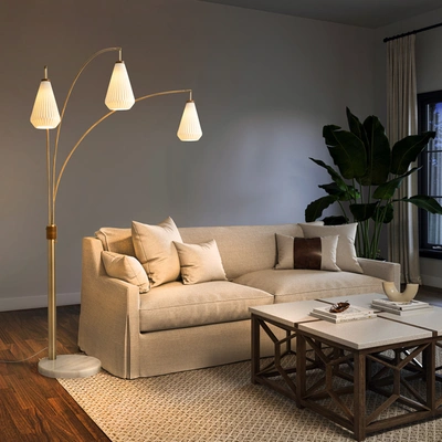 Nova Of California Concord 85" Bone Porcelain 3 Light Arc Lamp In Weathered Brass And Walnut With Dimmer Switch