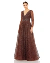Mac Duggal Floral Embellished Illusion Long Sleeve A-line Gown In Gold