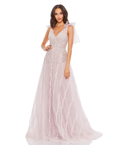 Mac Duggal Embellished Soft Tie Sleeveless V Neck Gown In Pink